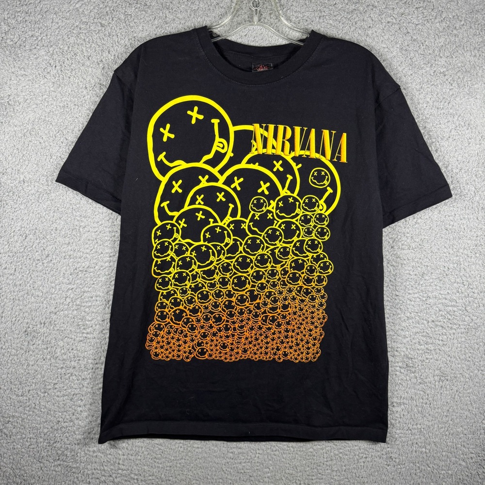 Vintage Nirvana Graphic T-Shirt Medium Black Smiley Face Logo Rock Yeah Band Y2K